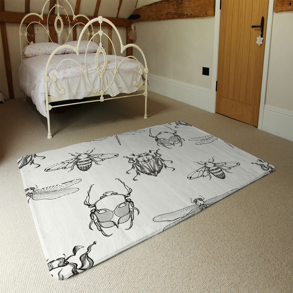 image 1 of Sketch of Scarab Beetle, May bug, Bee and Dragonfly (Rug) White | Small: 60x110cm