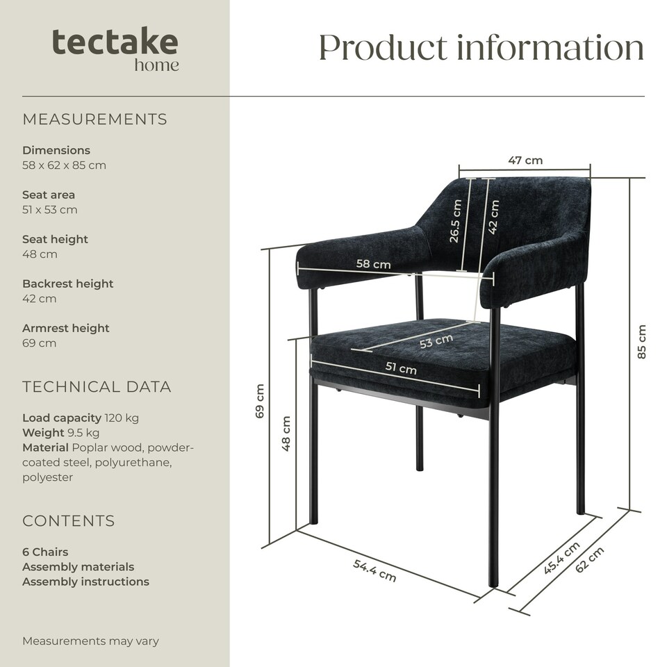 image 1 of Armchair Doe - durable fabric, black powder-coated legs, 120 kg load, 58 x 62 x 85 cm - Set of 6 Black | Woven Fabric Black/Black