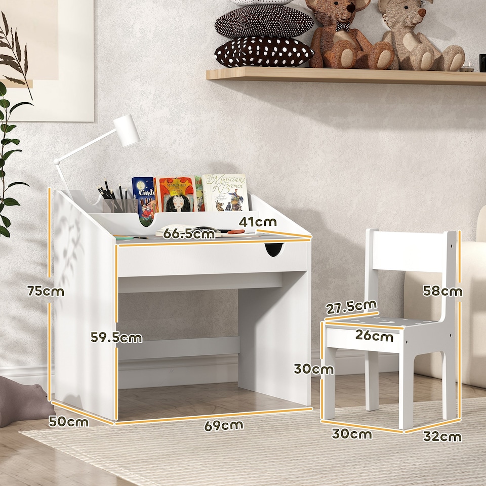 image 1 of AIYAPLAY Children Study Table and Chair w Storage, Pull-Out Drawer | Grey