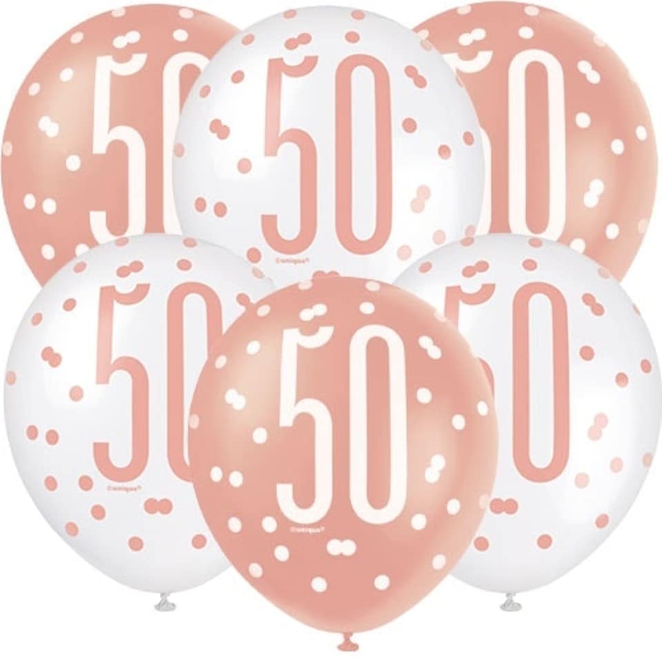 Rose Gold Glitz Age 50 Assorted Biodegradable Latex Balloons 30cm / 12 in - Pack of 6