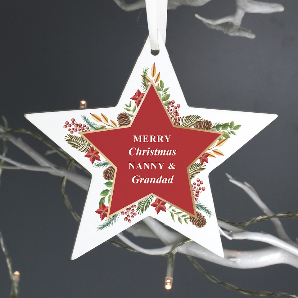 image 1 of Personalised Christmas Wreath Wooden Star Decoration