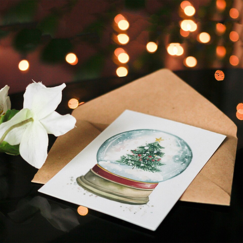 image 1 of Decorated Pine Tree Snow Globe Blank For Him Or Her Art Xmas Festive Christmas Card