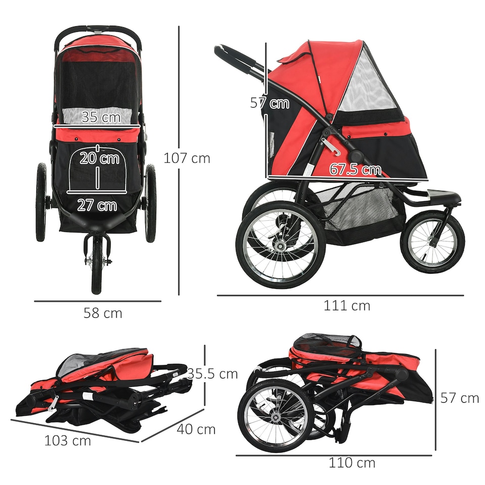 image 1 of PawHut Three-Wheel Pet Stroller, for Medium, Small Dogs, Foldable Cat Pram - Red