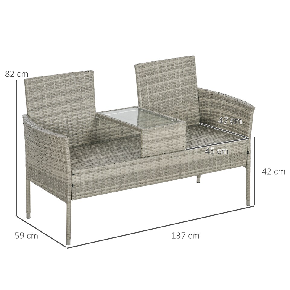 image 1 of Outsunny 2 Seat Rattan Garden Bench, Patio Wicker Chair with Glass Tea Table, Outdoor Love Seat with Padded Cushions, for Garden, Porch, Mixed Grey/Cream White | Grey