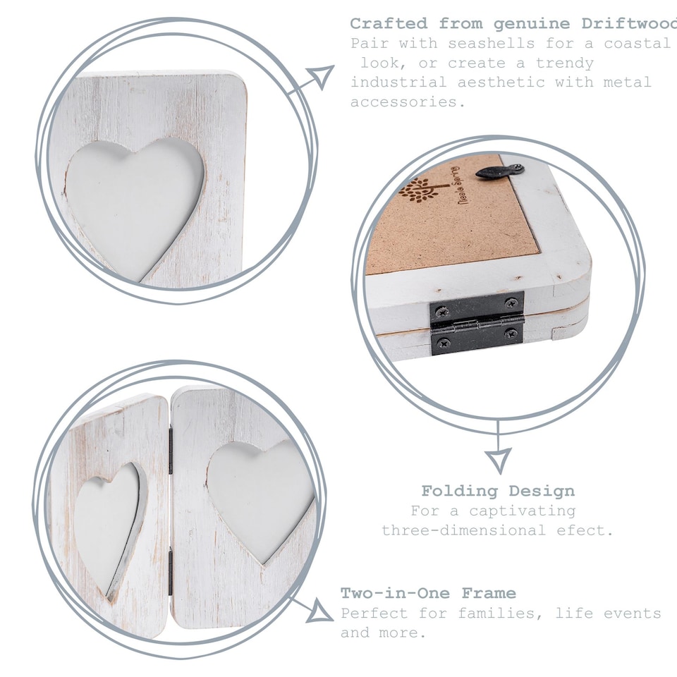 image 1 of Nicola Spring Rustic Hearts Folding 2 Photo Frame - 4 x 6" - White