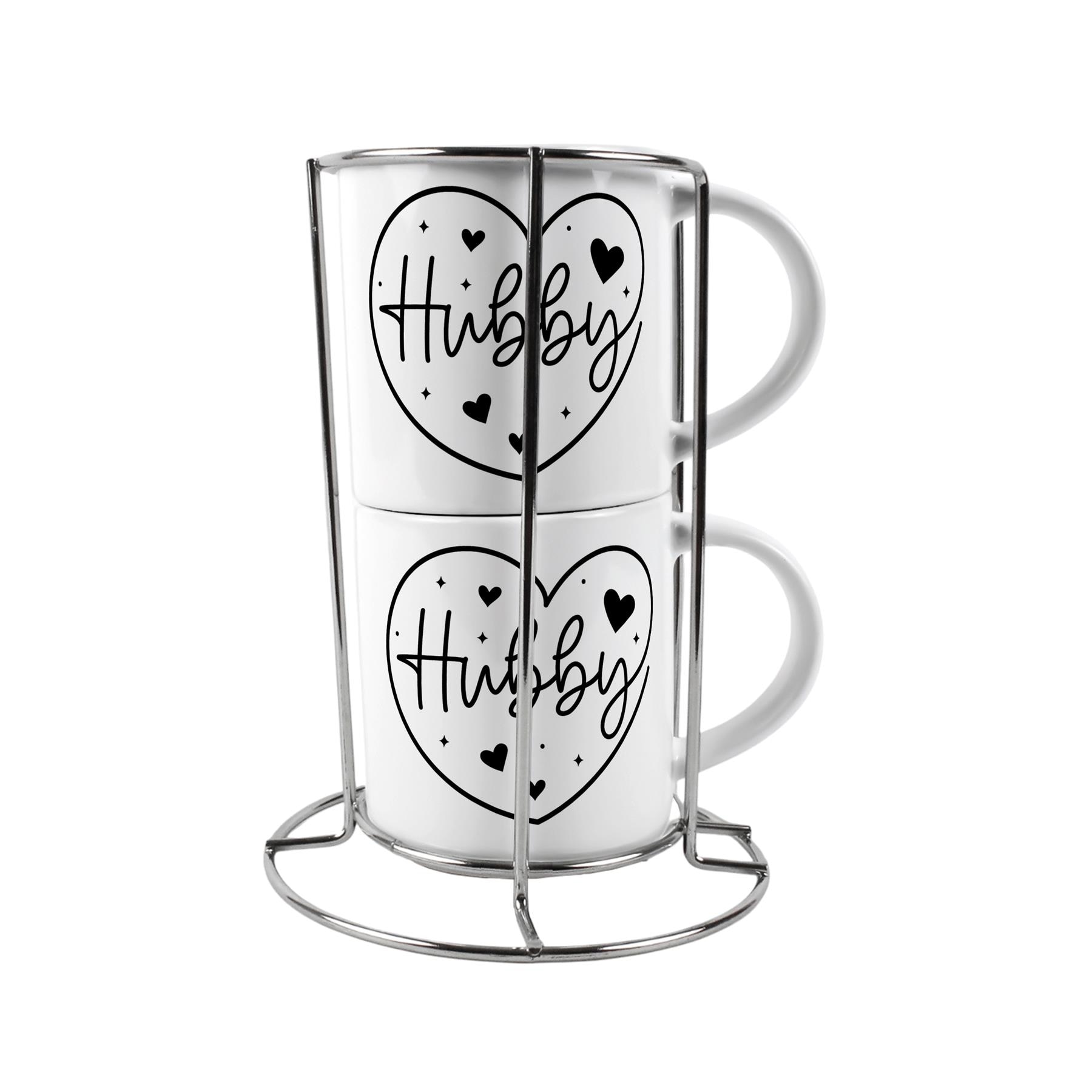 Hubby & Hubby Stacking Mugs Set - Novelty Gifts for LGBTQIA+ Couples Ceramic Cups Set of 2 with Metal Stand White