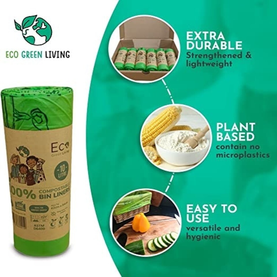 image 1 of Eco Green Living Plastic Free Bin Liners, Designed to Break Down Naturally Leakproof, Strong Food Waste Bin Bags 10 Liters 18 Bags 4 Pack