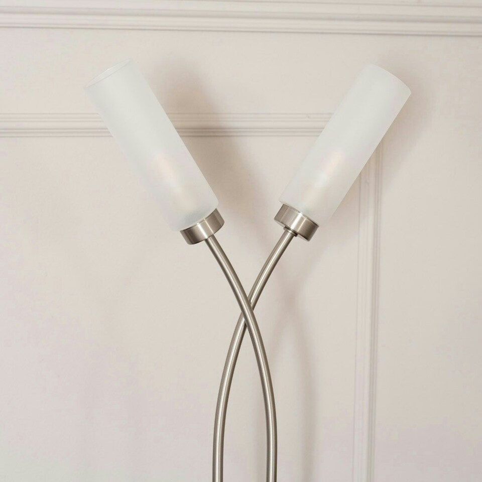 image 1 of ValueLights Maya Brushed Chrome 2 Way Curved Cross Over Reed Shaded Table Lamp