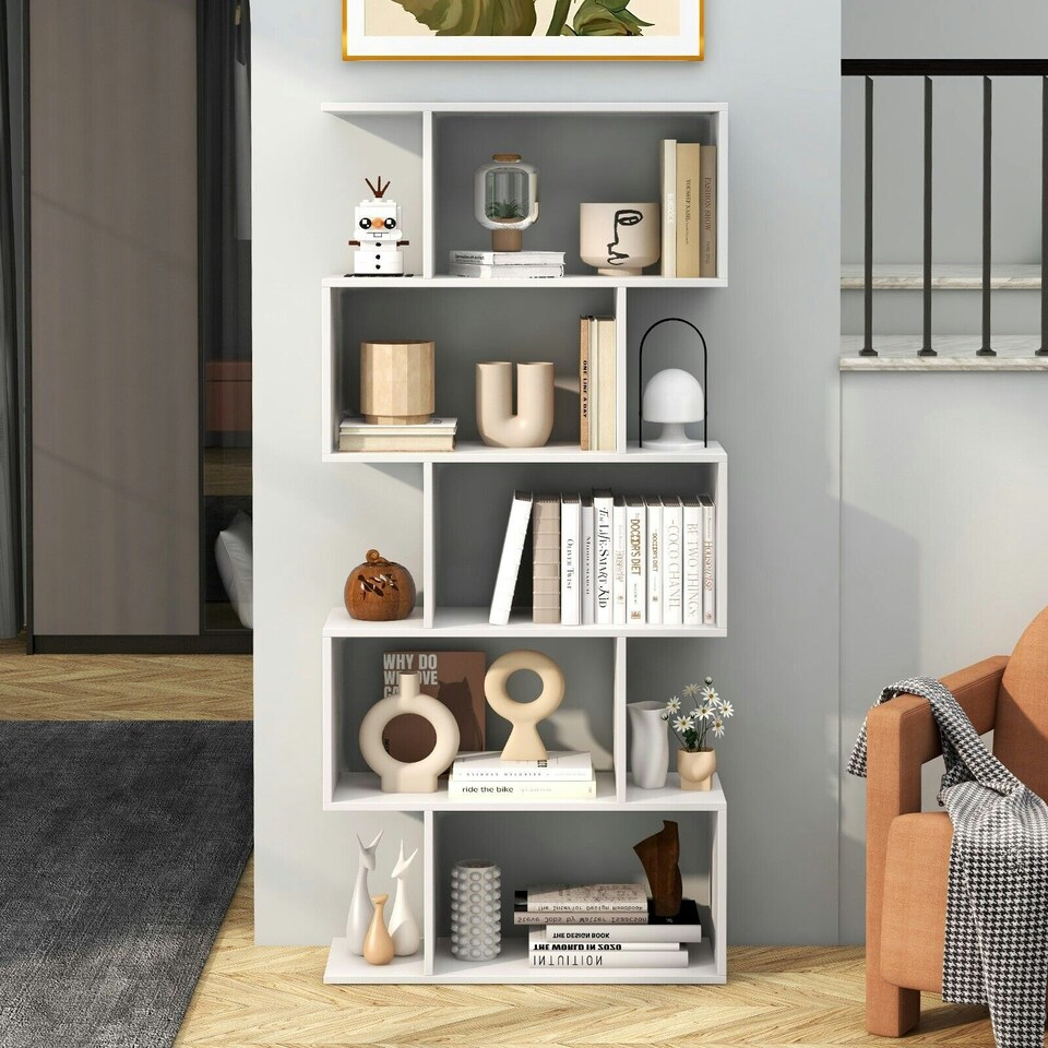 image 1 of COSTWAY 5-tier Bookcase S-Shaped Bookshelf Display Rack White White