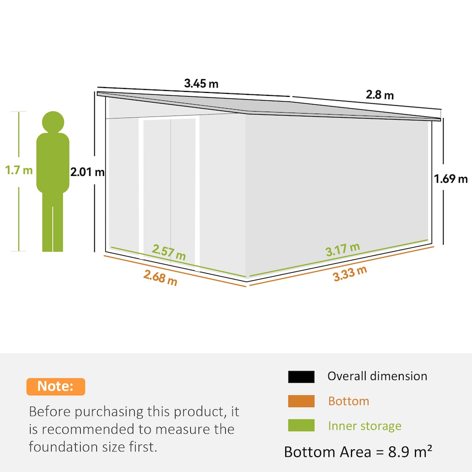 image 1 of Outsunny 11.3 x 9.2ft Lean to Metal Garden Shed, Outdoor Galvanised Tool Storage House with Double Sliding Doors and 2 Air Vents, Grey