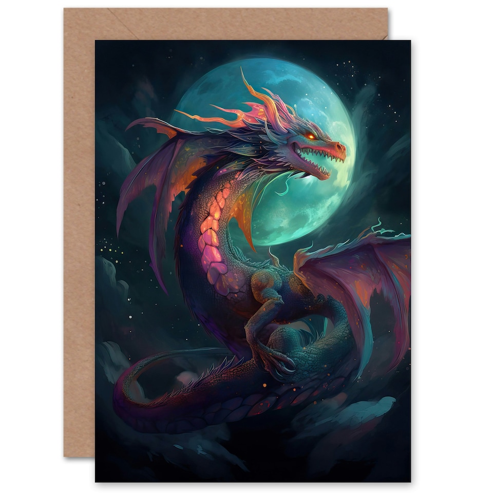 image 1 of Full Moon Dragon Fantasy for Him or Her Thank You Art Card