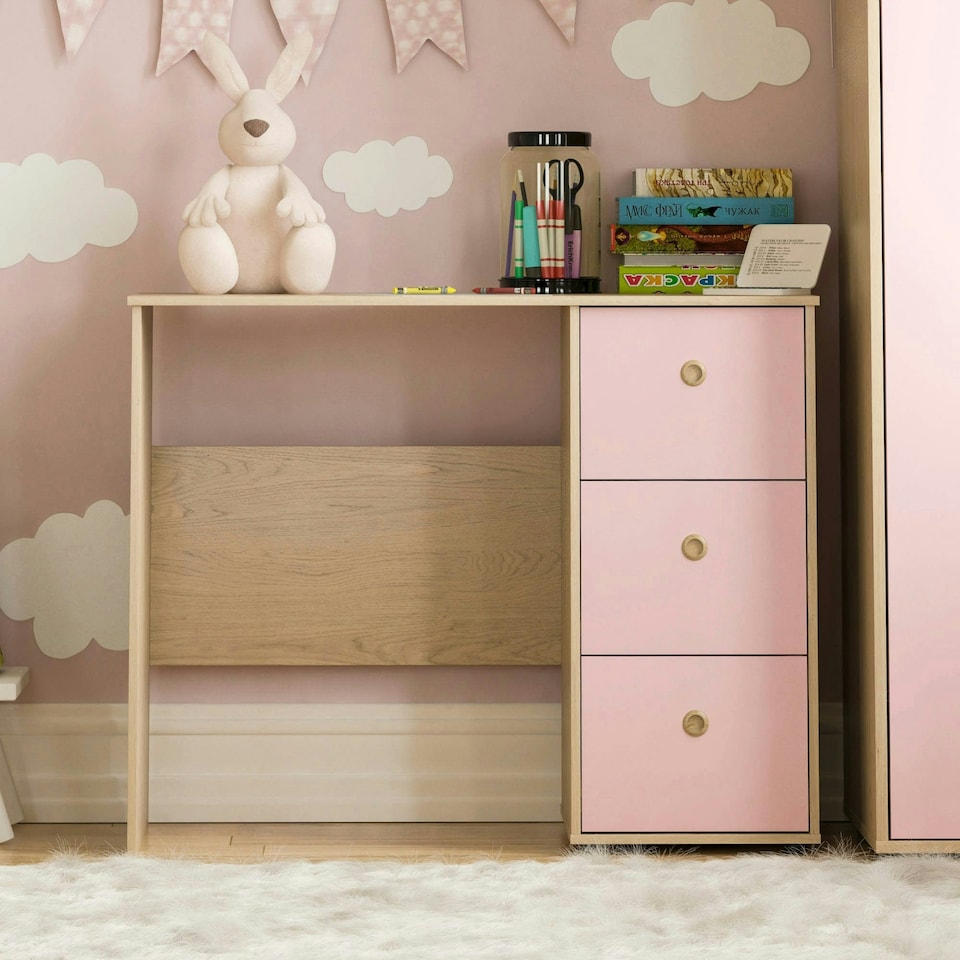image 1 of Junior Vida Neptune 3 Drawer Desk Computer Desk Home Workstation, Pink & Oak
