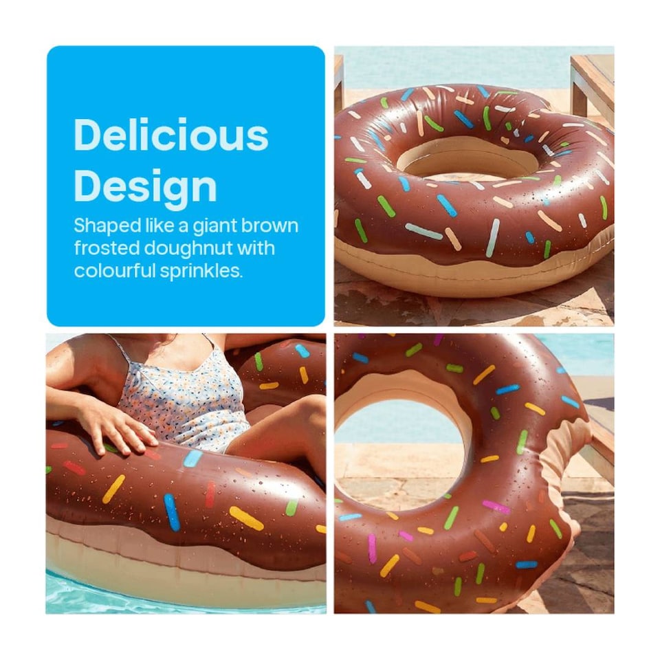 image 1 of Inflatable Brown Doughnut - 42 inches/107cm Donut with Brown Icing Design - Adults Kids Boys Girls Fun Summer Activity Pool Party Beach Day Swimming Toy Float
