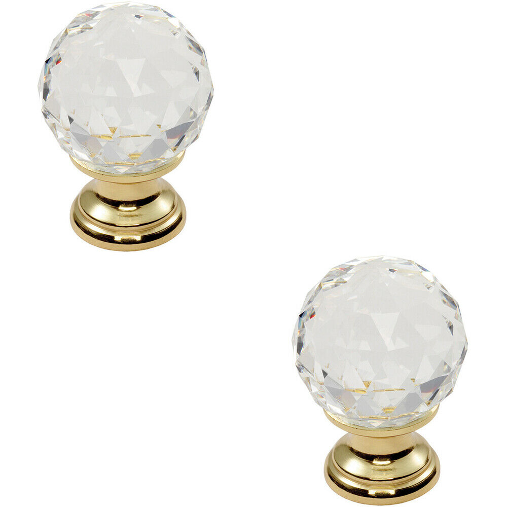 Loops 2x Faceted Crystal Cupboard Door Knob 31mm Dia Polished Brass Cabinet Handle in Metallics