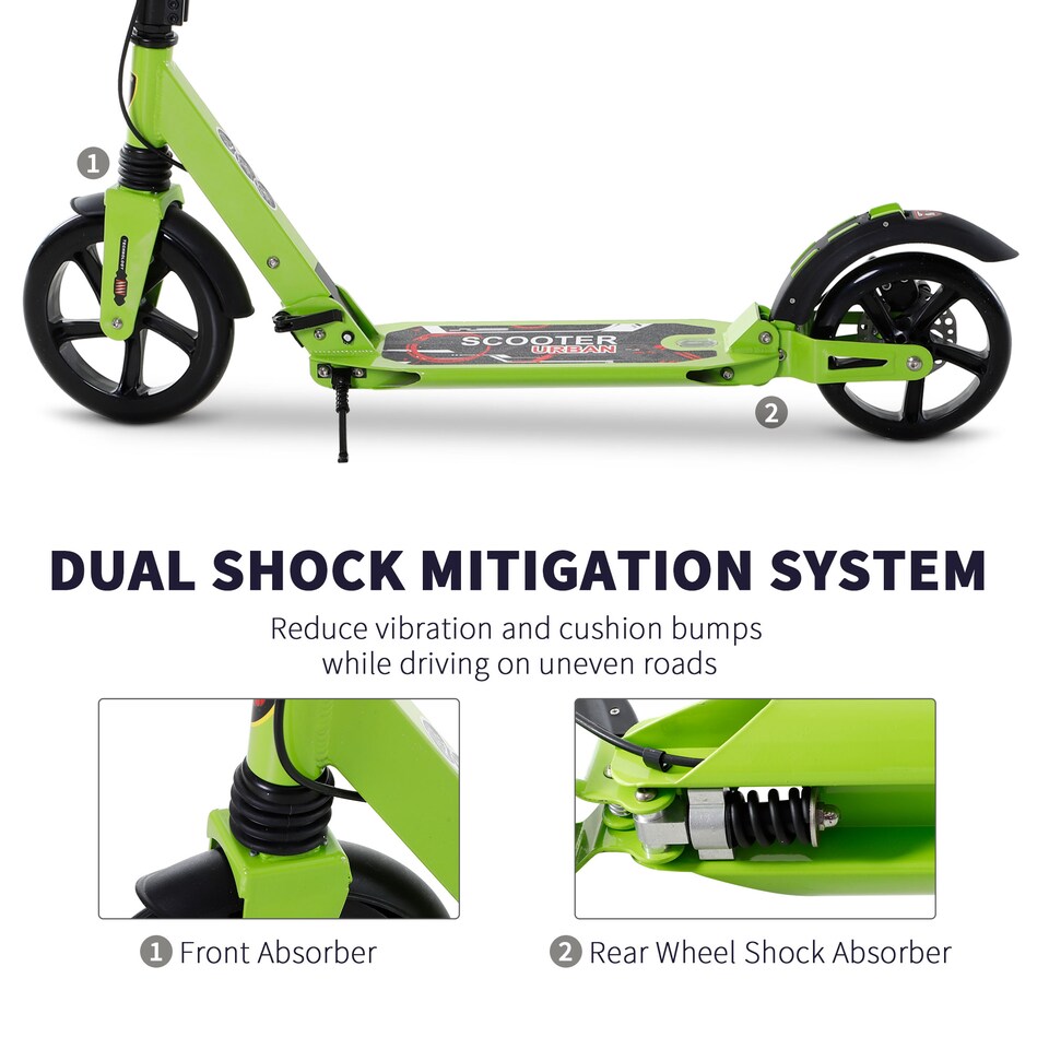 image 1 of HOMCOM Kick Scooter, Folding 2 Wheel Scooter with Dual Brake System, Dual Suspension, 230mm Big Wheels and 3 Adjustable Handlebar, for 14 older Teens Adults, up to 100KG, Green