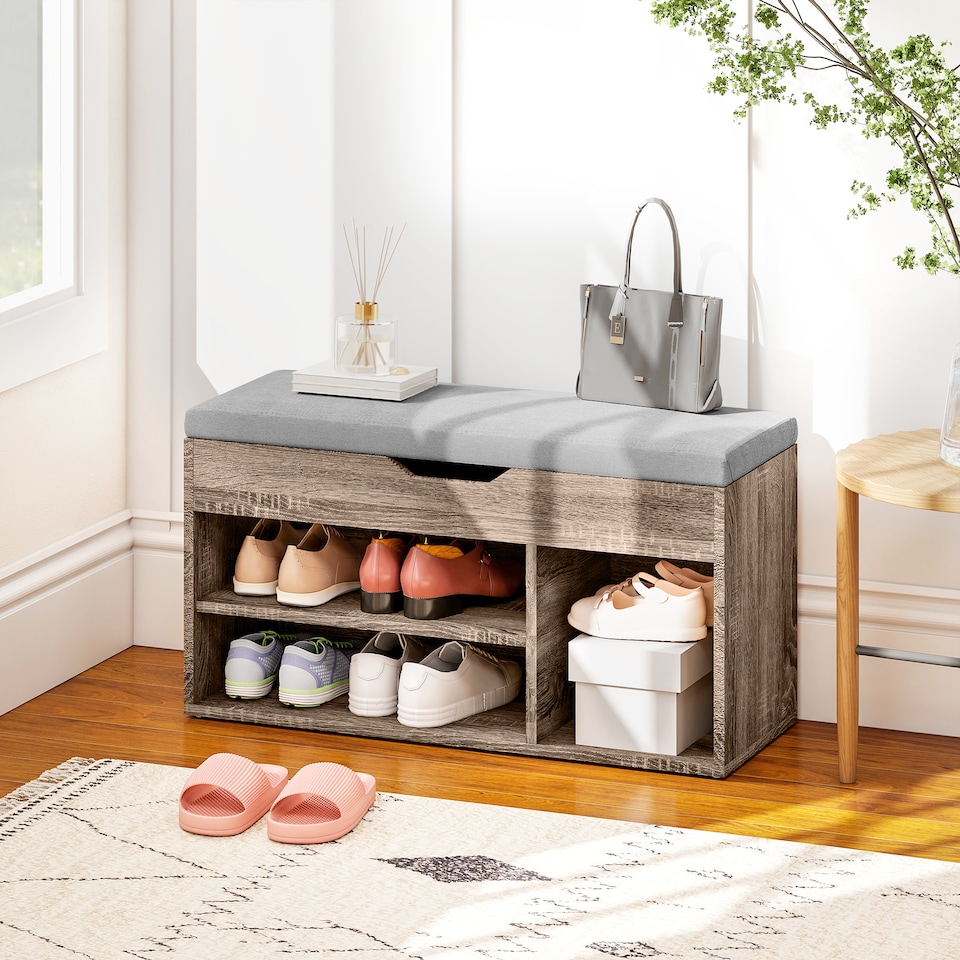 image 1 of HOMCOM Shoes Cabinet Bench Hidden Storage Padded Seat Organiser Footwear Rack Hallway Grey Wood Grain