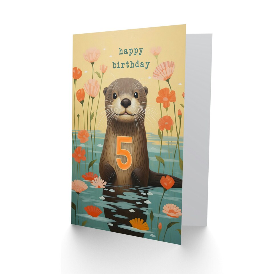 image 1 of Kids Age 5 Cute Otter Lake Flowers Child Daughter Girl 5th Birthday Card
