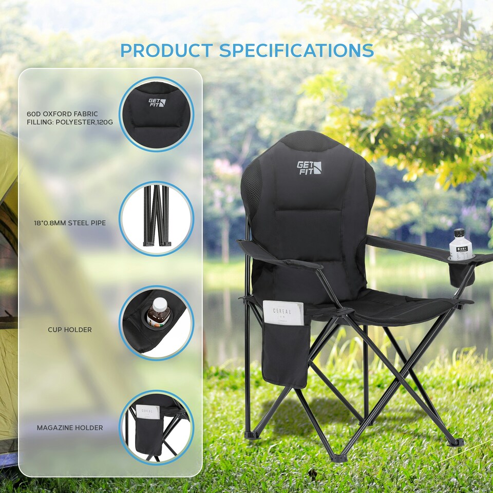 image 1 of Get Fit Camping Chair - Outdoor Folding Chair With Magazine Pocket, Cup Holder & Carry Bag Weight Capacity of 130kg - Black