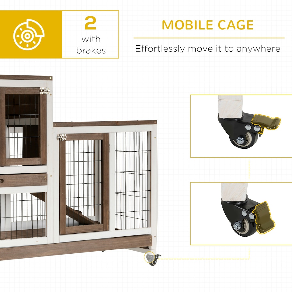 image 1 of PawHut Rabbit Hutch, Guinea Pig House Cage w/ Wheels & Enclosed Run, Brown