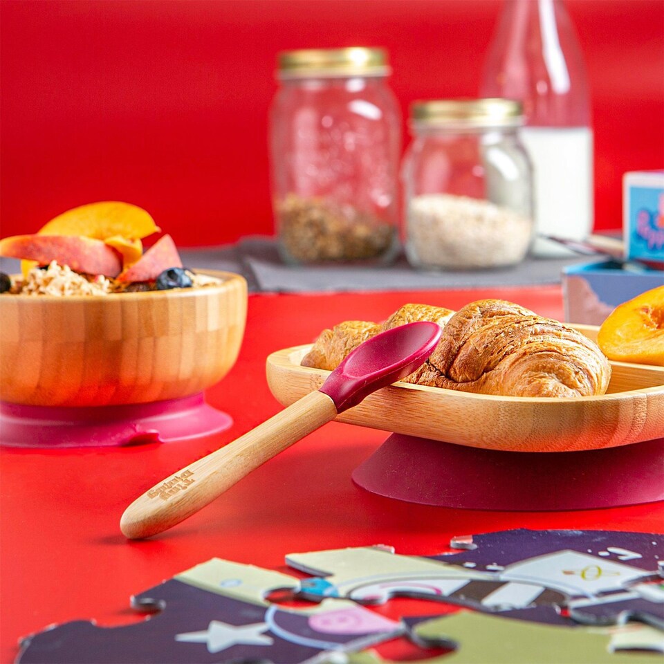 image 1 of Tiny Dining Bamboo Silicone Tip Spoon - Red - Children's Baby Toddler Soft Curved Feeding Weaning Spoon