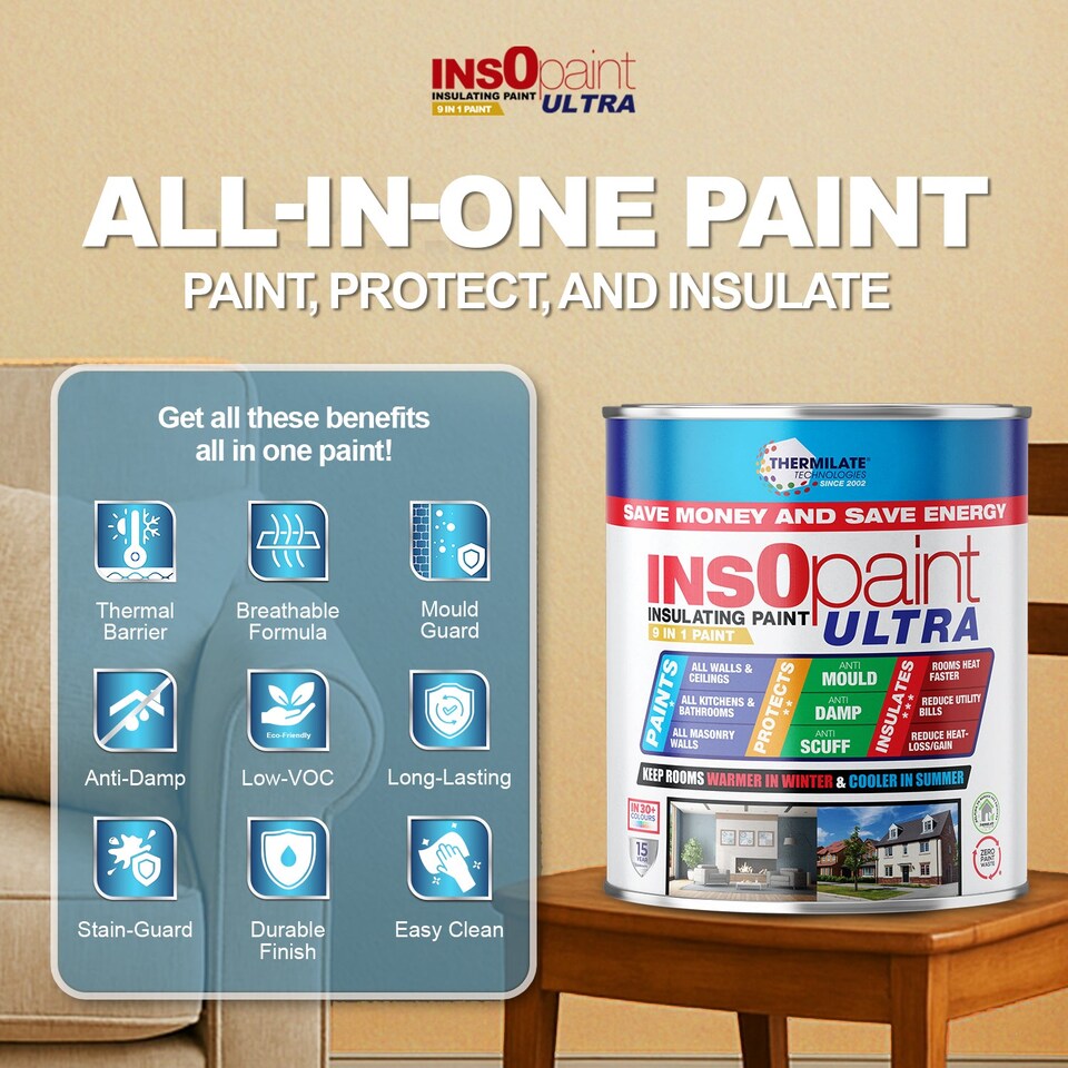 image 1 of InsOpaint ULTRA - 9 IN1 Interior & Exterior Paint-  Insulating & Energy Saving Interior Walls & Ceilings - Matchstick - 1L