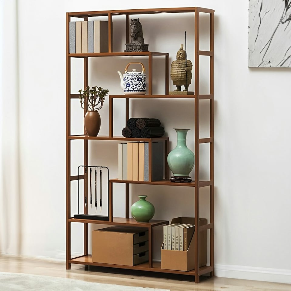 image 1 of Living and Home 7-Tier Wooden Bookcase Display Stand - 99cm W x 25.3cm D x 175cm H | Brown