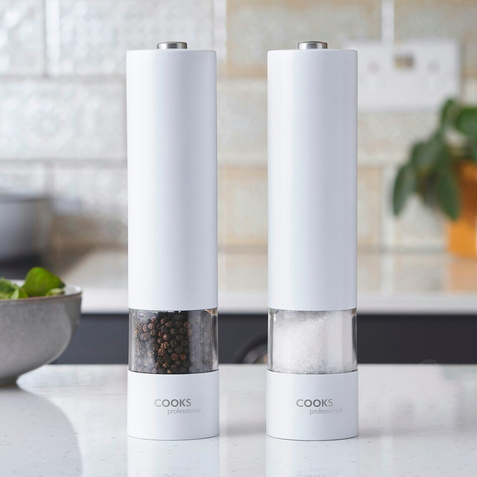 image 1 of Cooks Professional Electric Salt & Pepper Mill Set | Adjustable Grind Settings | Simple One-Button Operation | White