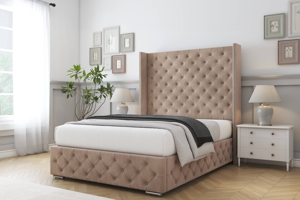 image 1 of Sloomy Arundel Mink Naples Bed Frame With Mattress With 50"  Upholstered Wingback Headboard 5' King