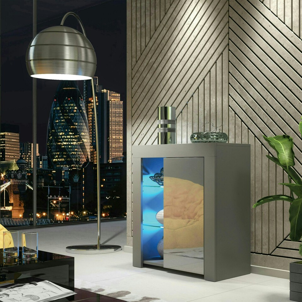 image 1 of Sideboard 75cm Grey Gloss Door Grey Matt Body Glass Shelves Free LED Grey