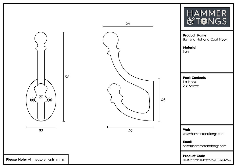 image 1 of Hammer & Tongs Ball End Hat & Coat Hook - W30mm x H95mm - Raw