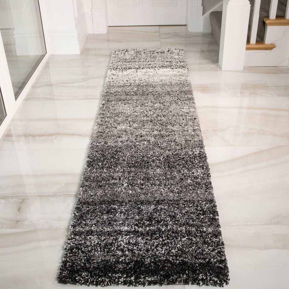 image 1 of KUKOON Black Grey Striped Mottled Shaggy Long Runner Rug 60cm x 240cm Black