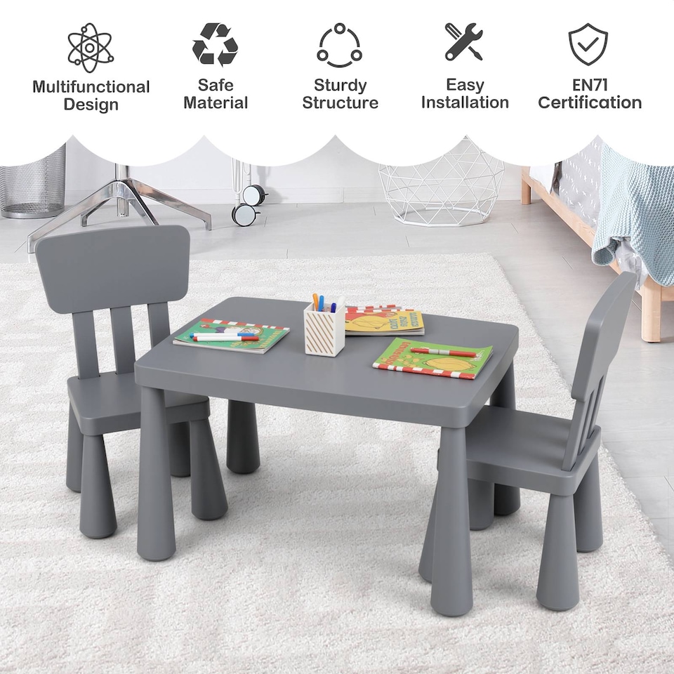 image 1 of COSTWAY Kids Table and 2 Chairs Set Children Play Table Grey
