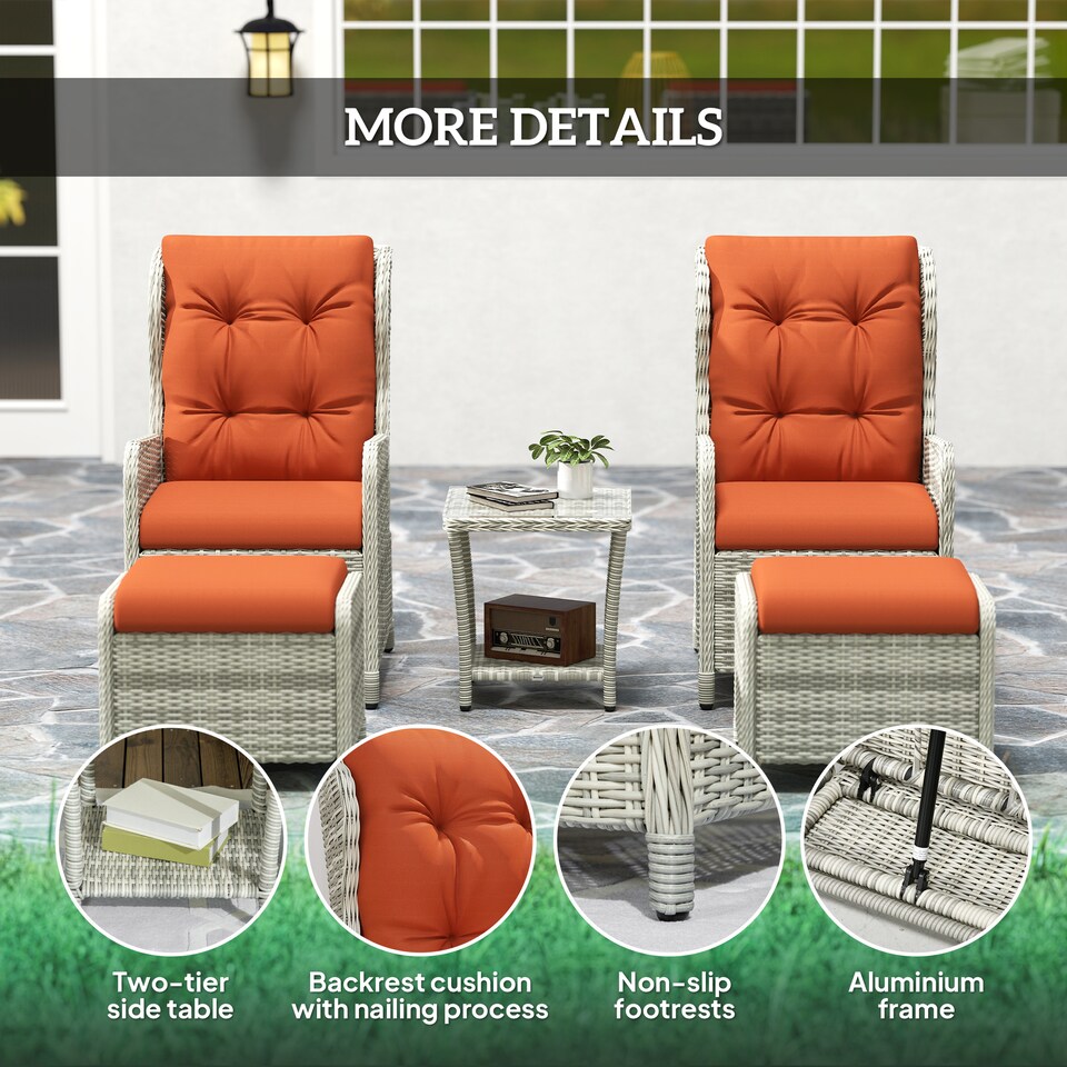 image 1 of Outsunny Recliner Rattan Garden Furniture w/ Two-tier Table, Orange | Orange | Orange | 1
