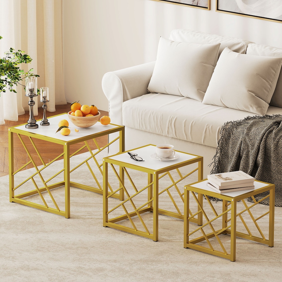 image 1 of HOMCOM Nesting Coffee Tables, Set of 3 Square Side Tables with Black Metal Frame, for Living Room, Bedroom and Office, White