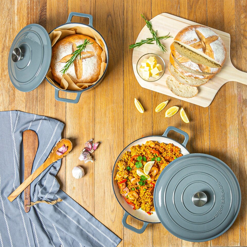 image 1 of Argon Tableware Cast Iron Shallow Casserole Dishes - Enameled Dutch Oven - Self-Basting Lid - Hob to Oven - 3.5 Litre - Slate Grey - Pack of 2 | Grey | Slate Grey