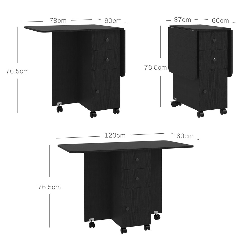 image 1 of HOMCOM Folding Dining Table, Drop Leaf Table With Drawers Black