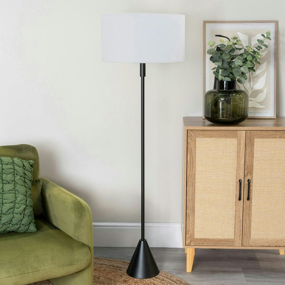 image 1 of ValueLights Mitch Grey Fabric Drum Lamp Shade Black Wood Single Stem Triangle Floor Lamp Black