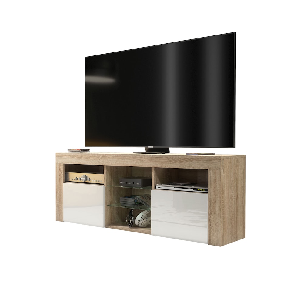 image 1 of TV Unit TV Stand Oak White Gloss Media Console Sideboard Storage Cabinet 145cm