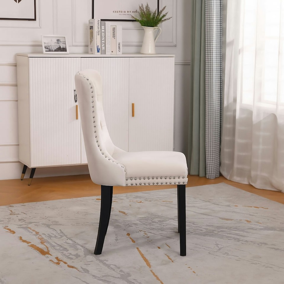 image 1 of Natural Set of Four Studded Velvet Dining Chair with Ring Knocker Detail Cream | Natural