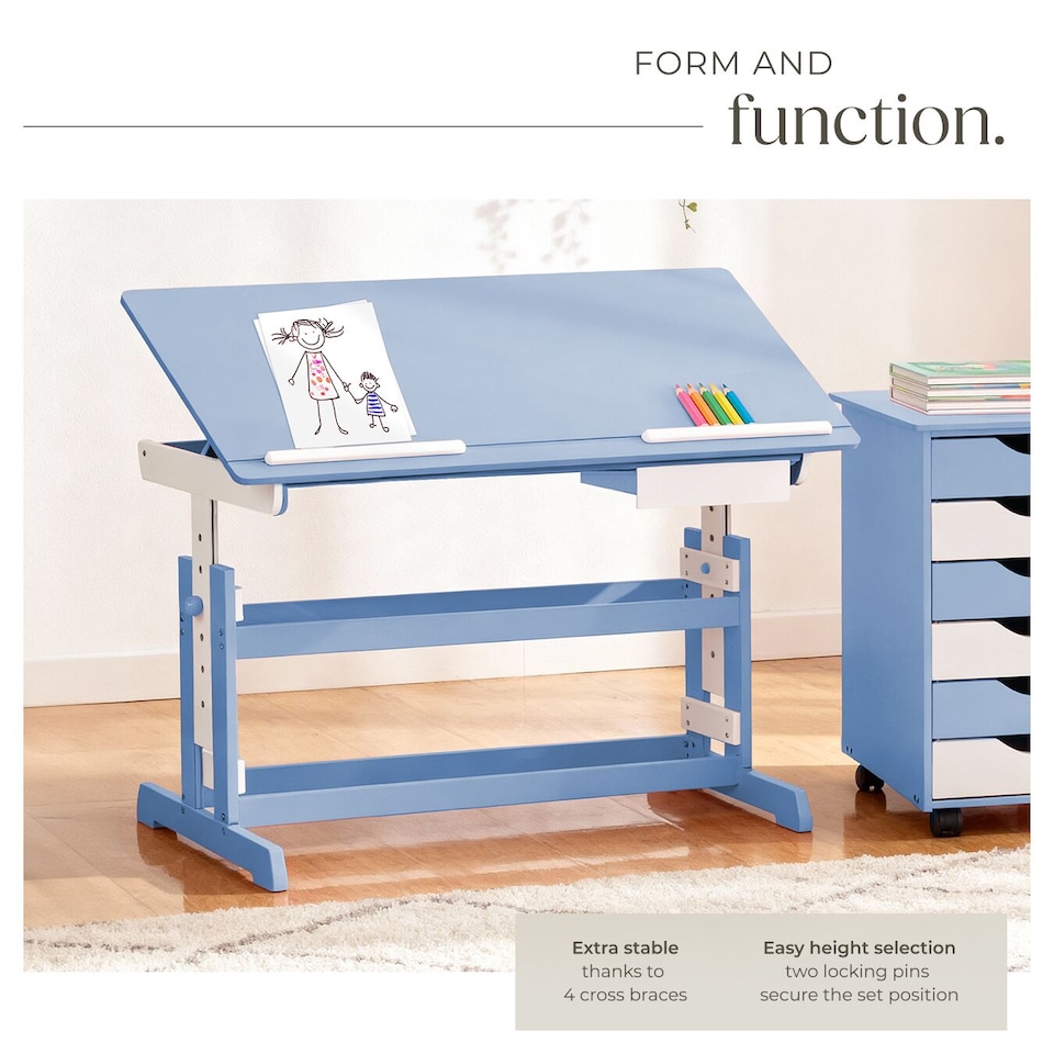 image 1 of Desk - for children, wooden, tiltable tabletop, 7 height settings, with drawer | Blue | blue | 109 x 55 x 94 cm | 1