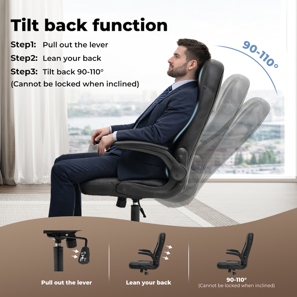 image 1 of Ergonomic Office Computer Chair PU Leather Swivel Recliner with Flip-Up Armrests