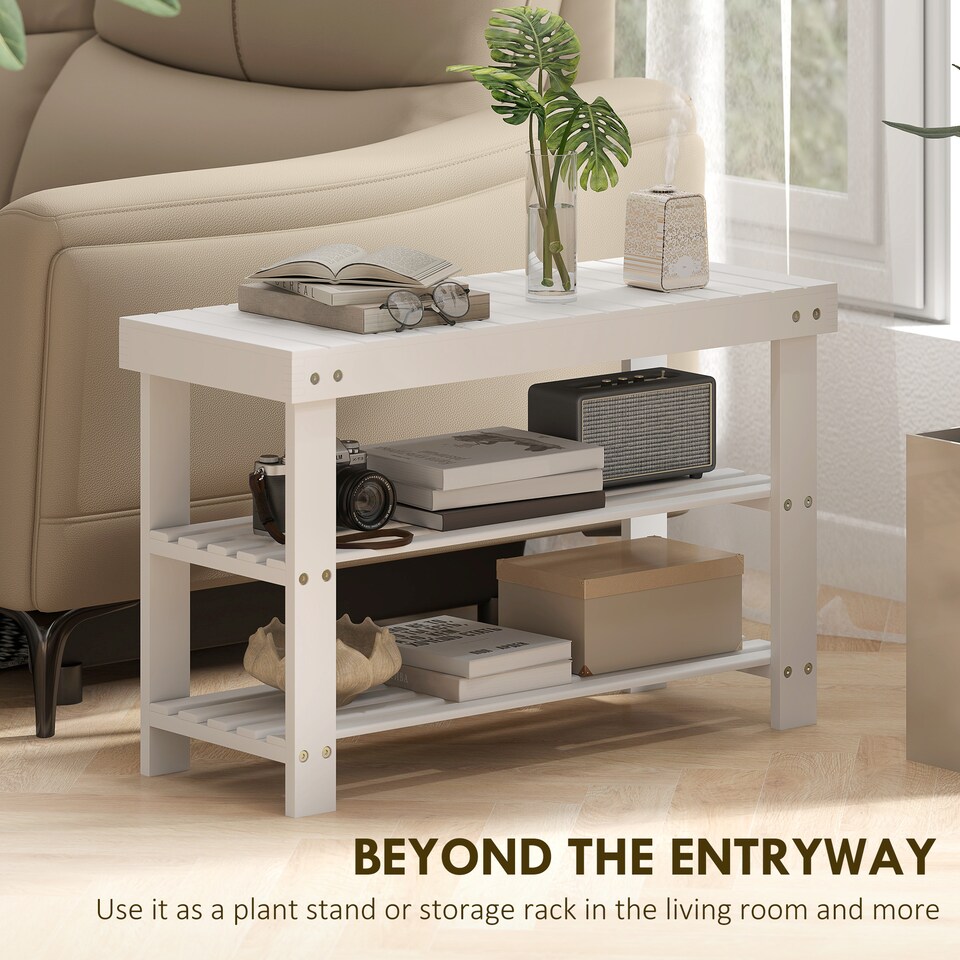 image 1 of HOMCOM Bamboo Shoe Bench, 3-Tier Shoe Storage Bench with Slatted Shelves for Entryway Hallway, Holds 6 Pairs, White | White | White