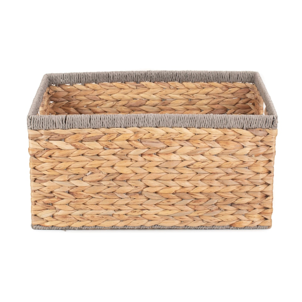 image 1 of Water Hyacinth with Grey Rope Border Rectangular Storage Basket Brown | Brown | L