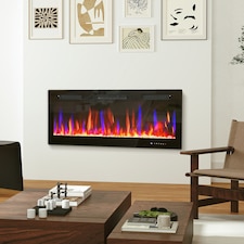 HOMCOM 107cm/42" Electric Fireplace, Ultra-Slim Wall Mounted and Recessed Electric Fire Heater with Adjustable Flame and Thermostat, Eco Mode, Auto Switch, Weekly and 24H Timer, Remote, 900W/1800W