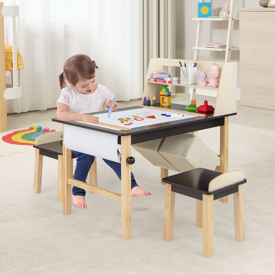 image 1 of COSTWAY Kids Chairs Set with 2 Storage Bins Brown