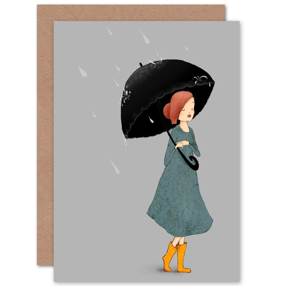 image 1 of Grey Weather Girl In Rain With Black Umbrella Art Card