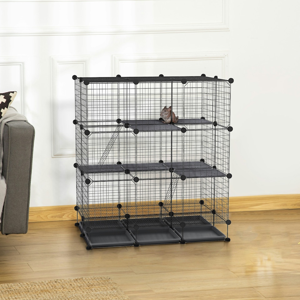 image 1 of PawHut 30 Pcs DIY Expandable Pet Cage Steel Bars w/ Doors Trays Plastic Corners