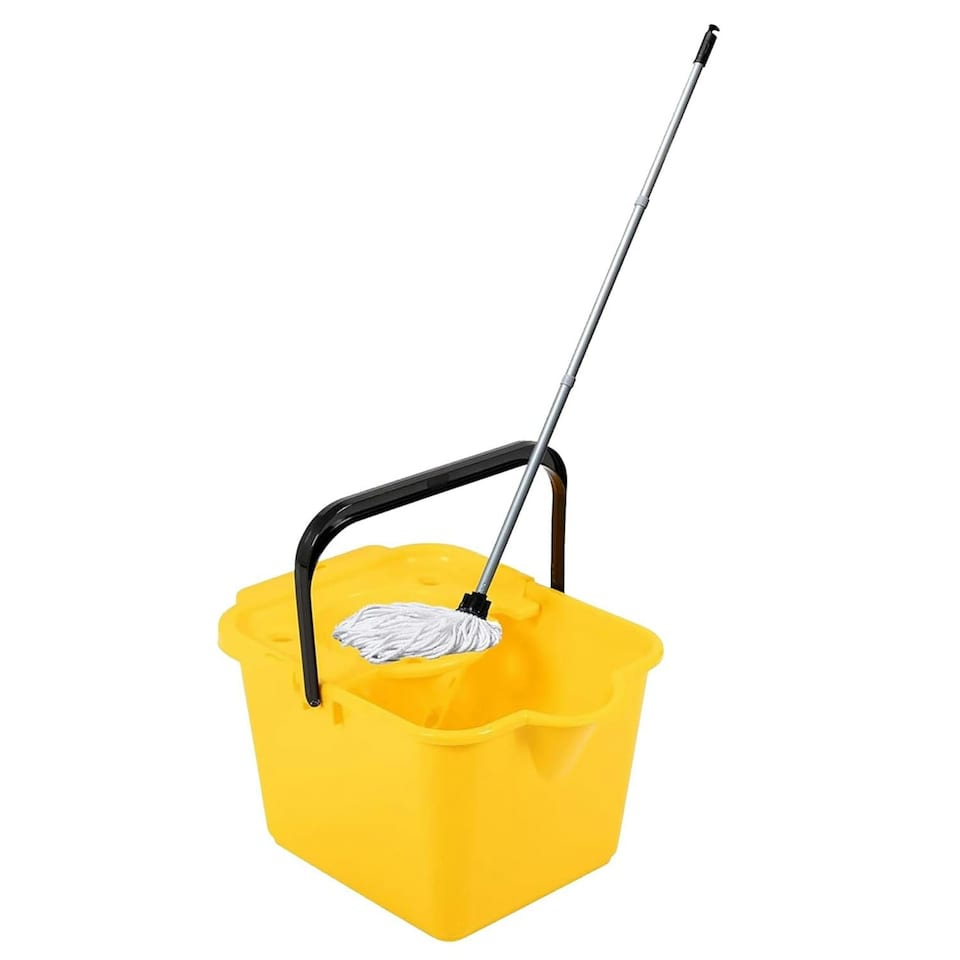 image 1 of 2 x Yellow 12L Mop & Bucket Set For Cleaning Hard Floors Complete With Pouring Lip & Cotton Mop