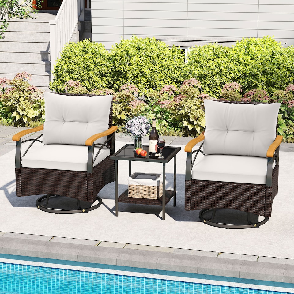 image 1 of COSTWAY 3 Piece Outdoor Swivel Chair Set Patio Wicker Rotating Chairs