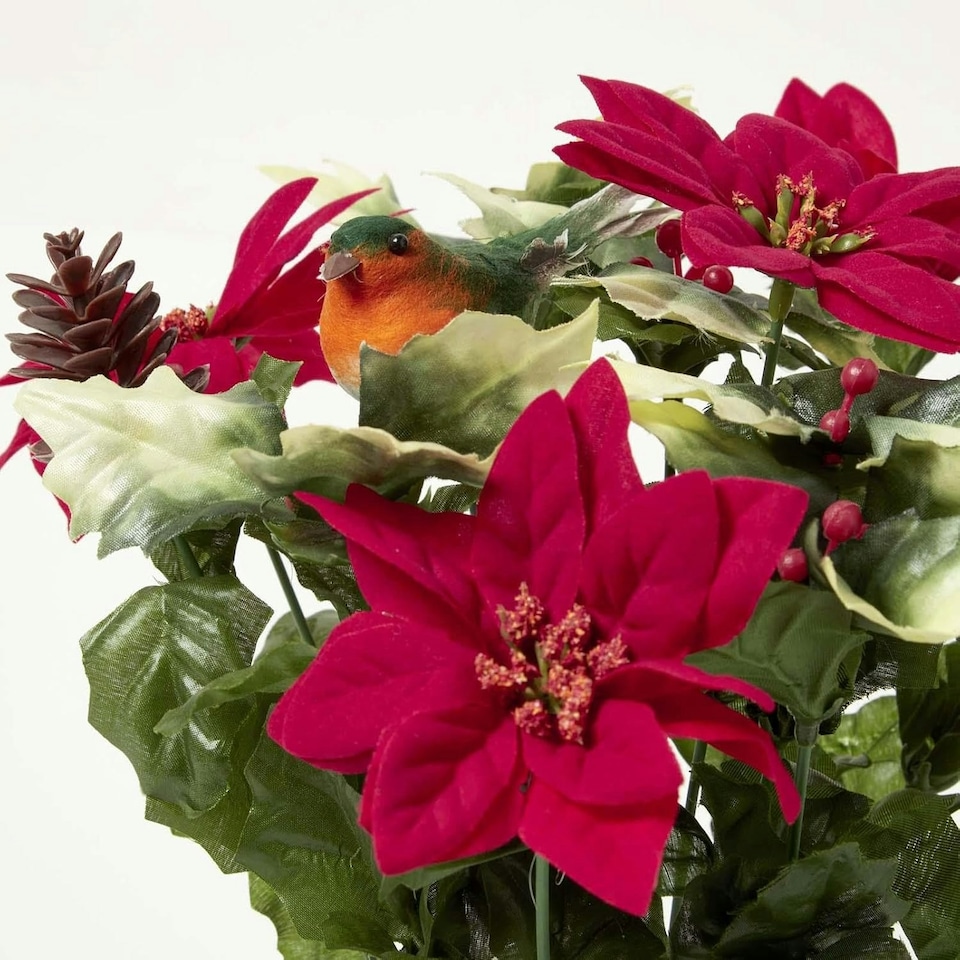 image 1 of Homescapes Artificial Poinsettia, Holly and Robin Grave Vase